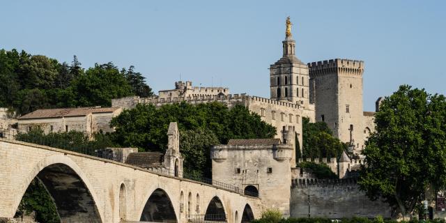 Le Palais des Papes et le Pont Saint Bénezet (ou Pont d'Avignon) depuis l'île de la Barthelasse - Crédit photo : Kos-Crea