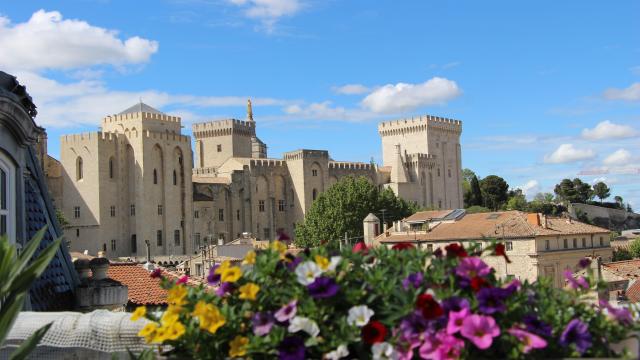 Il Palazzo dei Papi con le petunie di una terrazza