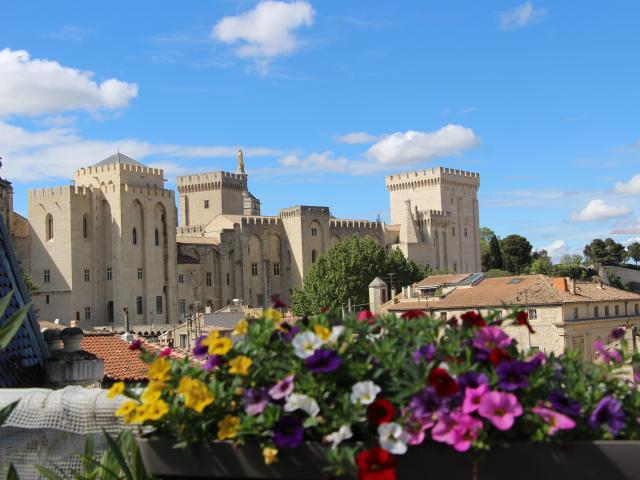 Il Palazzo dei Papi con le petunie di una terrazza