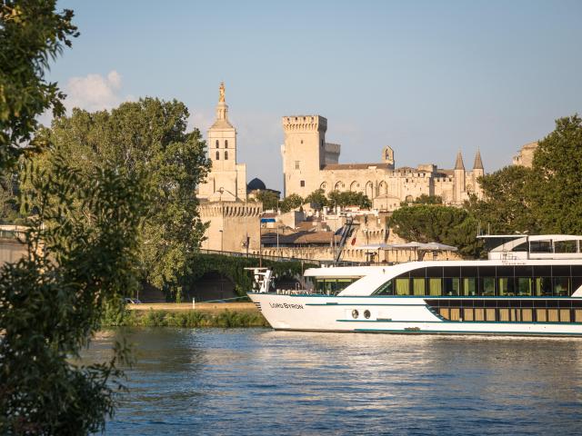 Avignon depuis la Barthelasse avec une péniche naviguant sur le Rhône