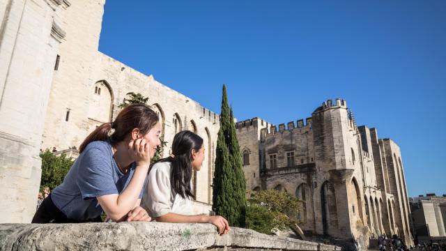 Touristes observant le Palais des Papes