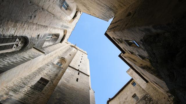 Contre-plongée sur le Palais des Papes, rue de la Peyrolerie